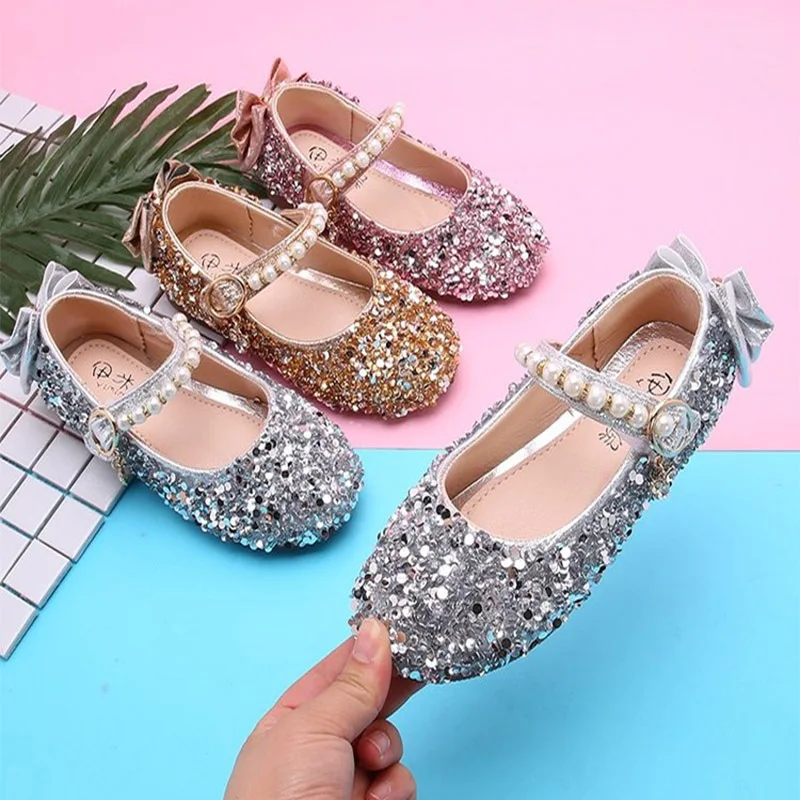 Туфли для девочек свадебные туфли с жемчугом блестящие вечерние невесты