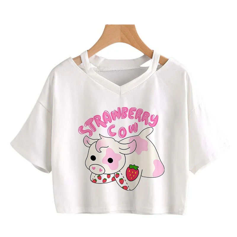 Футболка женская с коротким рукавом кроп-топ клубничным принтом милая