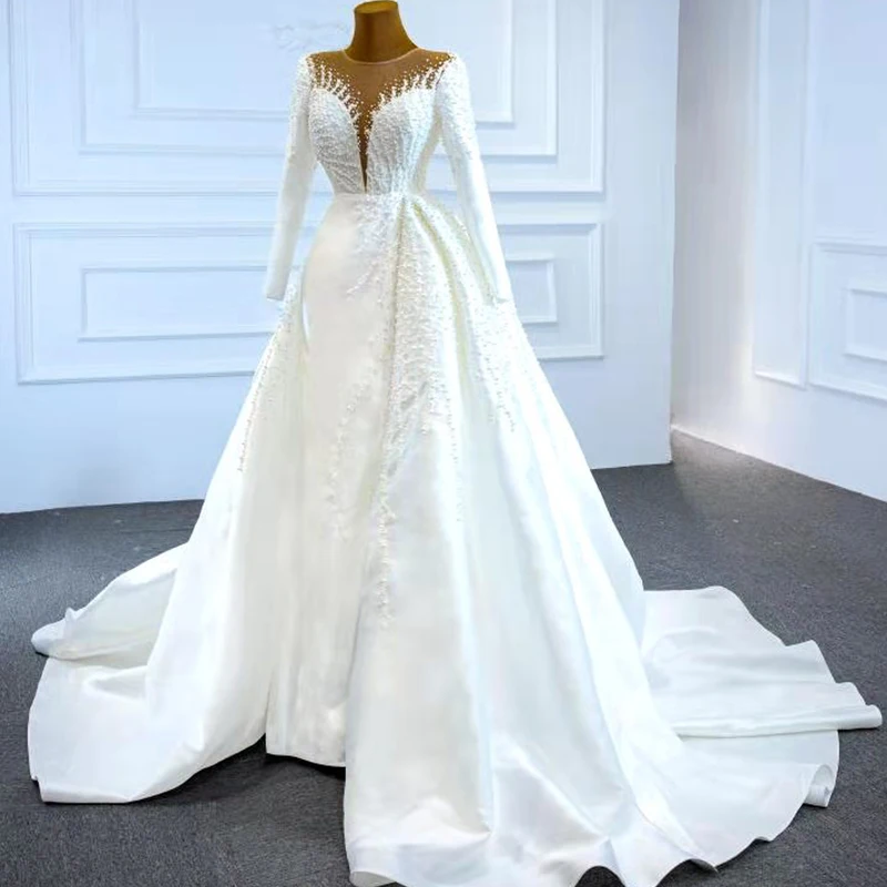J67215 JANCEMBER Elegant White Wedding Dresses 2020 Long Sleeve Satin Sexy V-Neck Pearls Beading A-Line