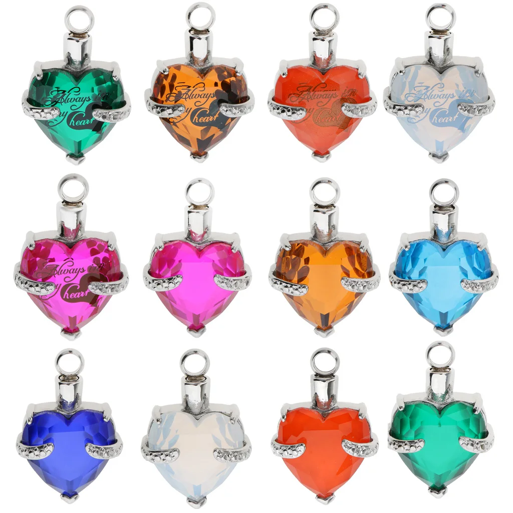 12 цветов Искусственный критальный кулон из нержавеющей стали в форме сердца для