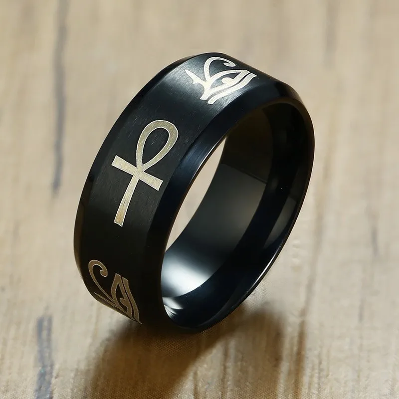 

Egyptian Men Ankh Ring Stainless Steel Black Color Eye Of Horus Fashion Wedding Band Key Of Life Anillos Anniversary Party Gifts