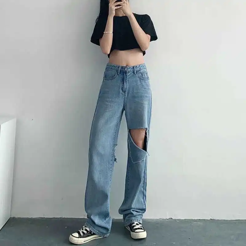 

Ripped Washed High Waist Straight Leg Women Jeans n Fashion Trousers Ladies Denim Pants for Girls Summer Clothing
