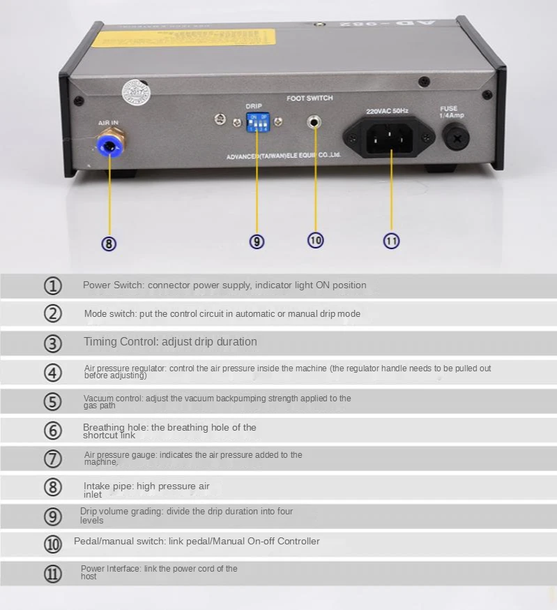 

AD-982 Semi-Auto Glue Dispenser PCB Solder Paste Liquid Controller Dropper Fluid dispenser