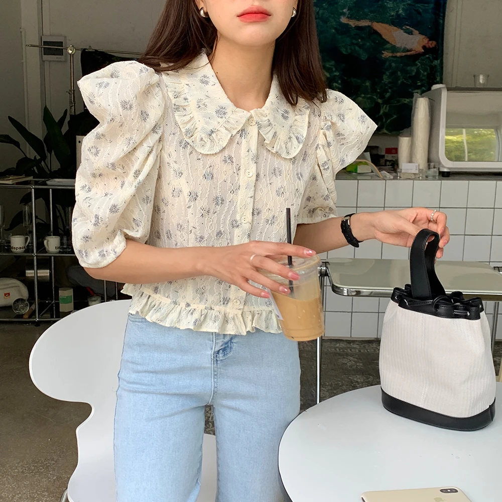 

Vintage Cute Florals Loose Tops High Waist 2021 Light Femme Casual Clothe Printed Elegance Sweet Hot Girls Shirts