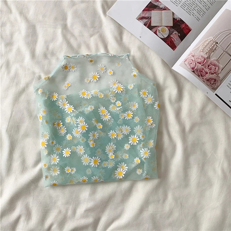 

Summer Casual Women Blouse Mesh Transparent Daisy Flower Printed Tops Girls Turtleneck See Through Shirts