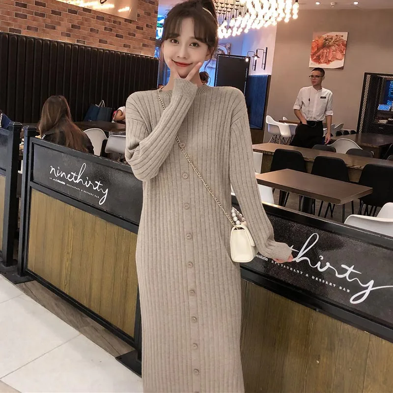 

Single Breasted Striped Knitted Sweater Dress Women O-Neck Long Sleeve Casual Solid Long Straight Dress Vintage Pullovers X672