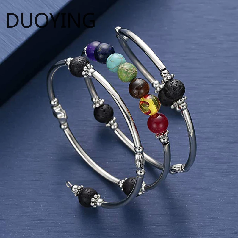 7 Чакра Мала Браслет с бусинами ручная работа проволочный браслет Лава Рок бирюзы