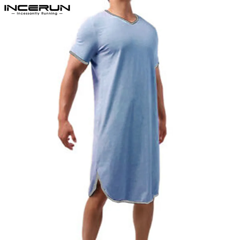 

Summer Short Sleeve V Neck Homewear INCERUN Men Patchwork Sleep Robes Hombre Loose Comfy Bathrobes Casual Solid Nightgown S-5XL