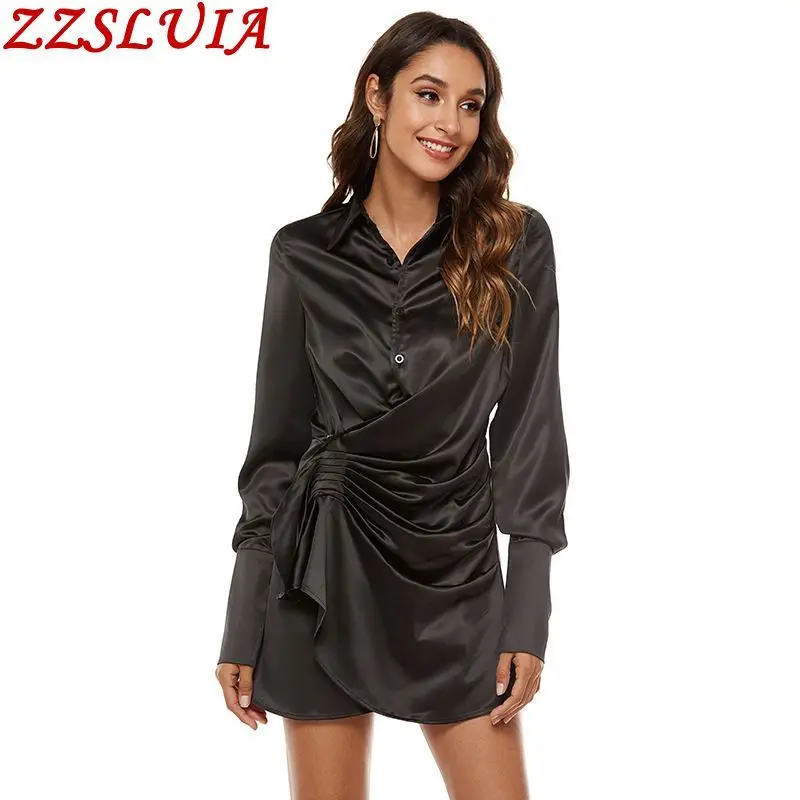 

Black Shirt Dress For Women Turn Down Collar Long Sleeve Folds Design One Piece Ladies Satin Dresses Fashion Female Clothing