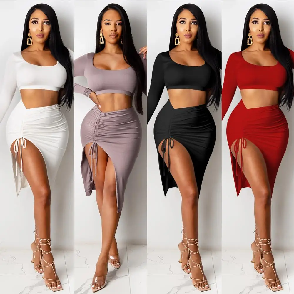 

Ruched Drawstring Club Women Matching Sets Long Sleeve Sexy Party Skinny Square Neck Top And Skirts 2 Piece Outfits Wholesale