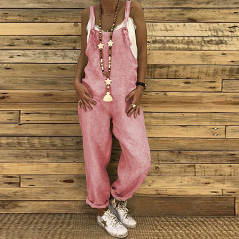 

New Vintage Cotton Linen Jumpsuits Casual Women Overalls Wide Leg Pants Vocation Dungarees Long Trousers Female Loose Rompers