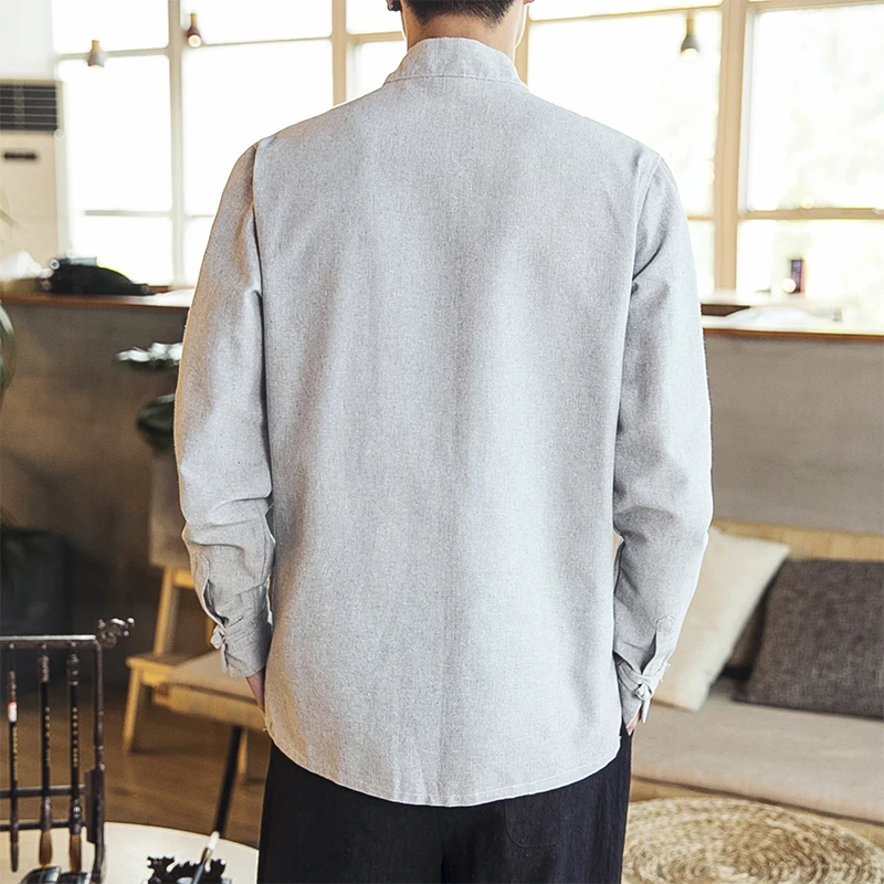 

Loldeal Men Chinese Style Shirt Solid Color Long Sleeve Casual Linen Stand Collar Retro Comfortable Breathable