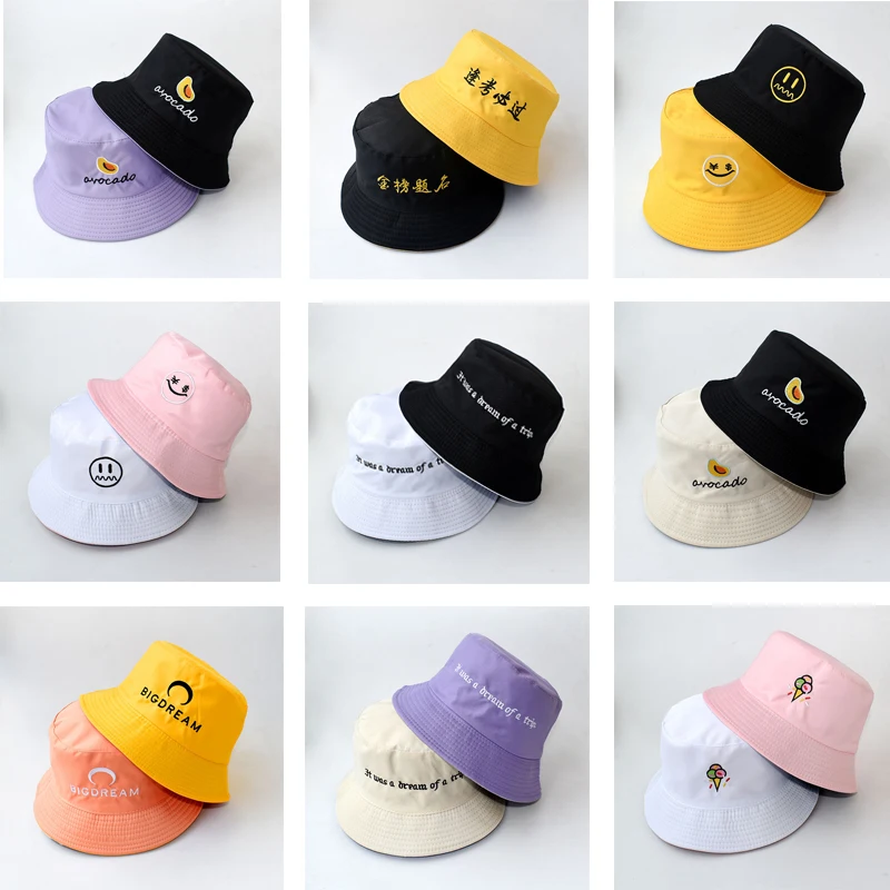 

Bucket Hats Women Letter Embroidered Double-sided Fisherman Hat Korean Style Solid Climbing Outdoor Sunscreen Bucket Hat ZZ-337