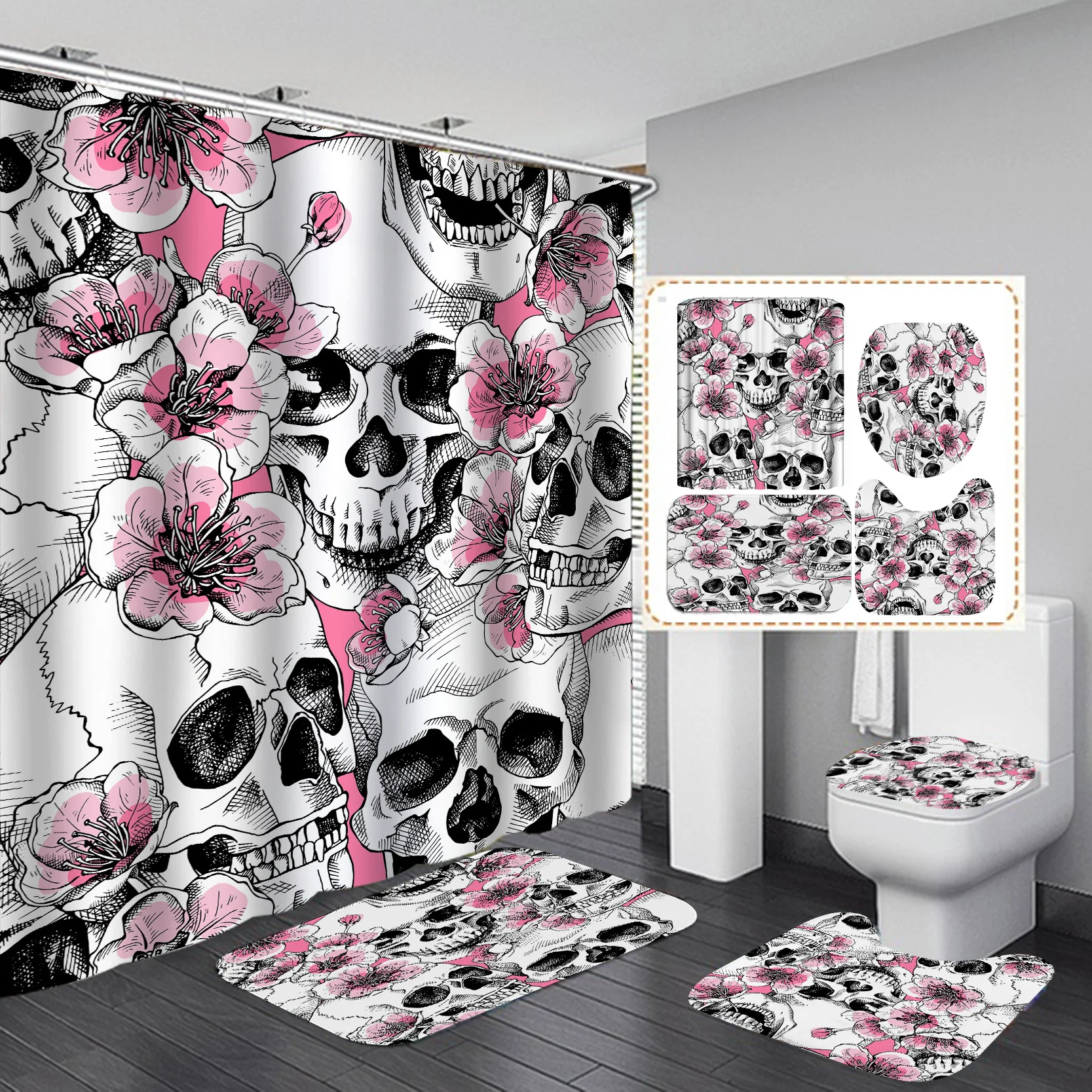 

Fashion Skeleton Flower Shower Curtain With Non Slip Rug Mat Bathroom Curtains Waterproof Polyester Bathroom Curtain with Hooks