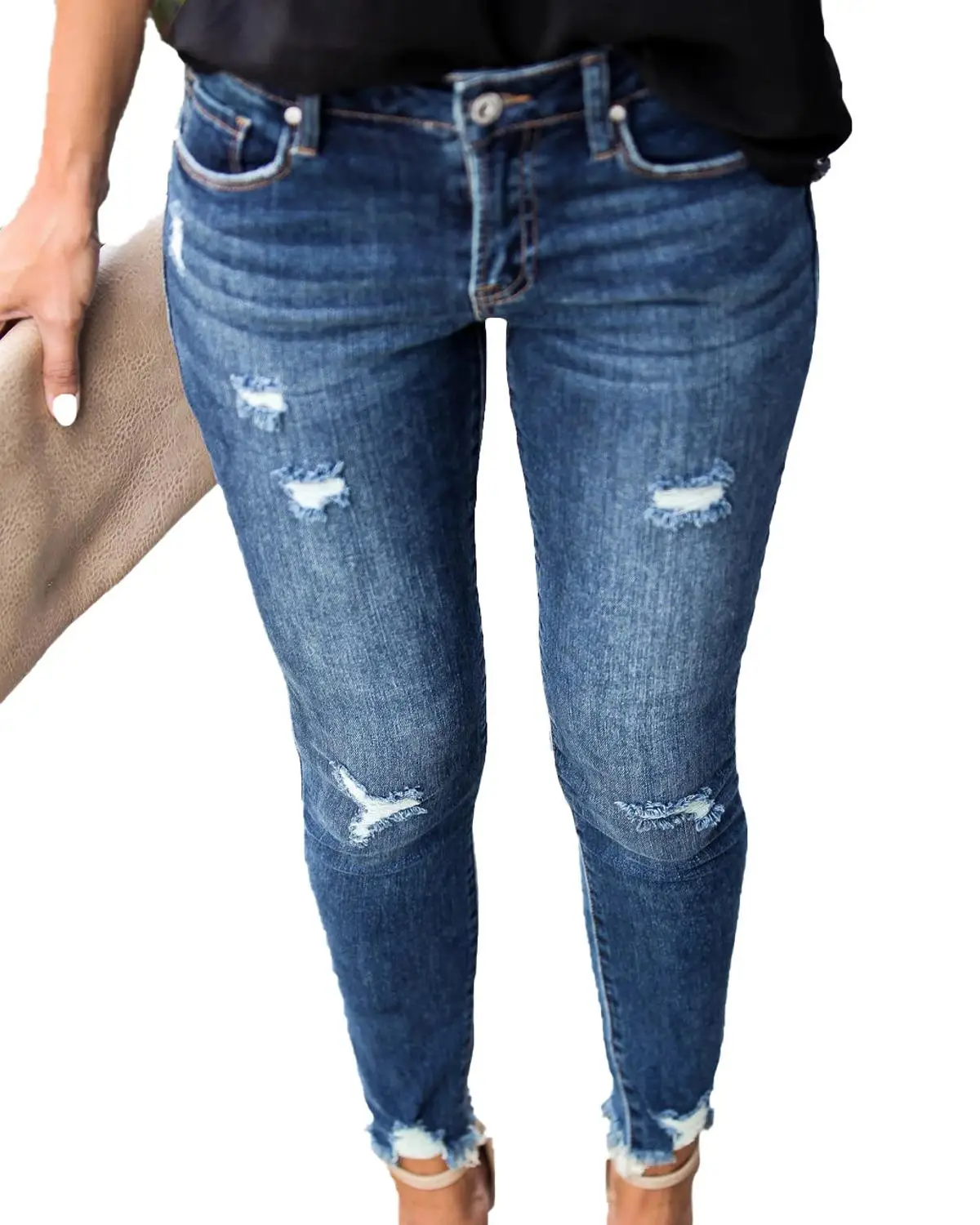 

New Mid Waist Skinny Jeans Women Vintage Distressed Denim Pants Holes Destroyed Pencil Pants Casual Trousers summer Ripped Jeans