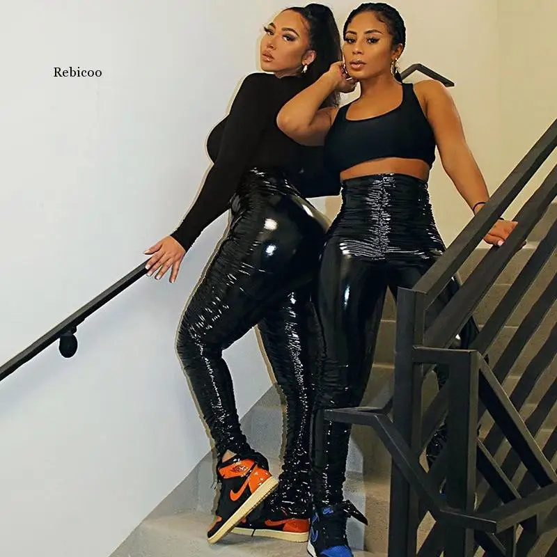 

Женские брюки-карандаш из искусственной кожи, с высокой талией, однотонные, облегающие, с разрезами и рюшами