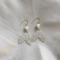 mermaid tail dangle earrings fashion fairy tale glitter crystal pearl drop earrings ins style retro ear jewelry gift for women