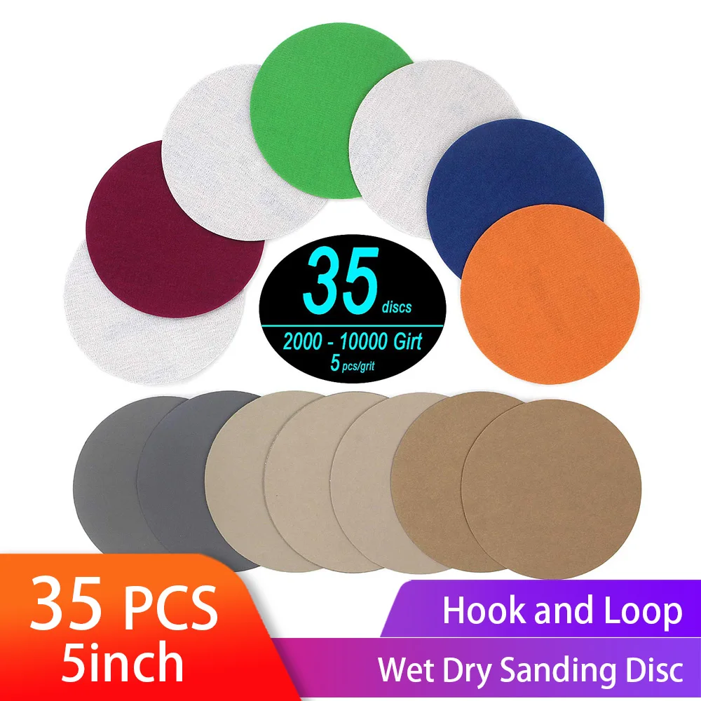 35PCS 5 Inch Dry & Wet Sanding Disc Round Assortment Sandpaper Grit 2000/2500/3000/4000/5000/7000/10000 Hook Loop Abrasive Paper