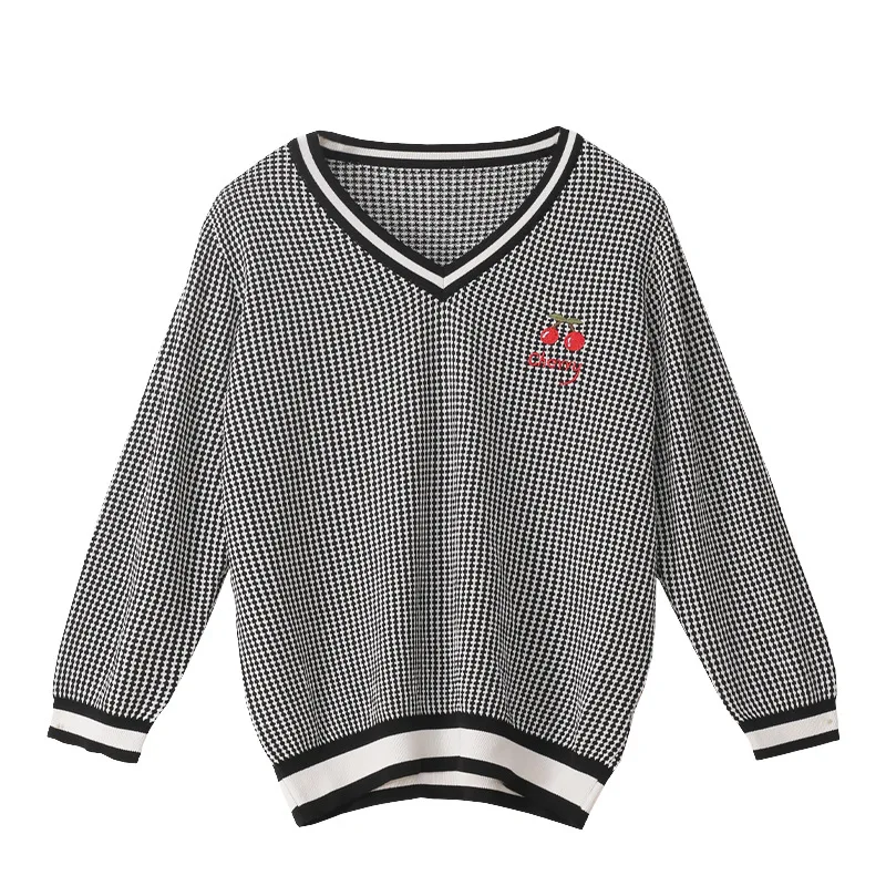 

Autumn Elegant Knitting Sweater Women Korean Style Loose V-Neck Comfortable Fashion Sweet Plaid Pullover Clothes Design Tops