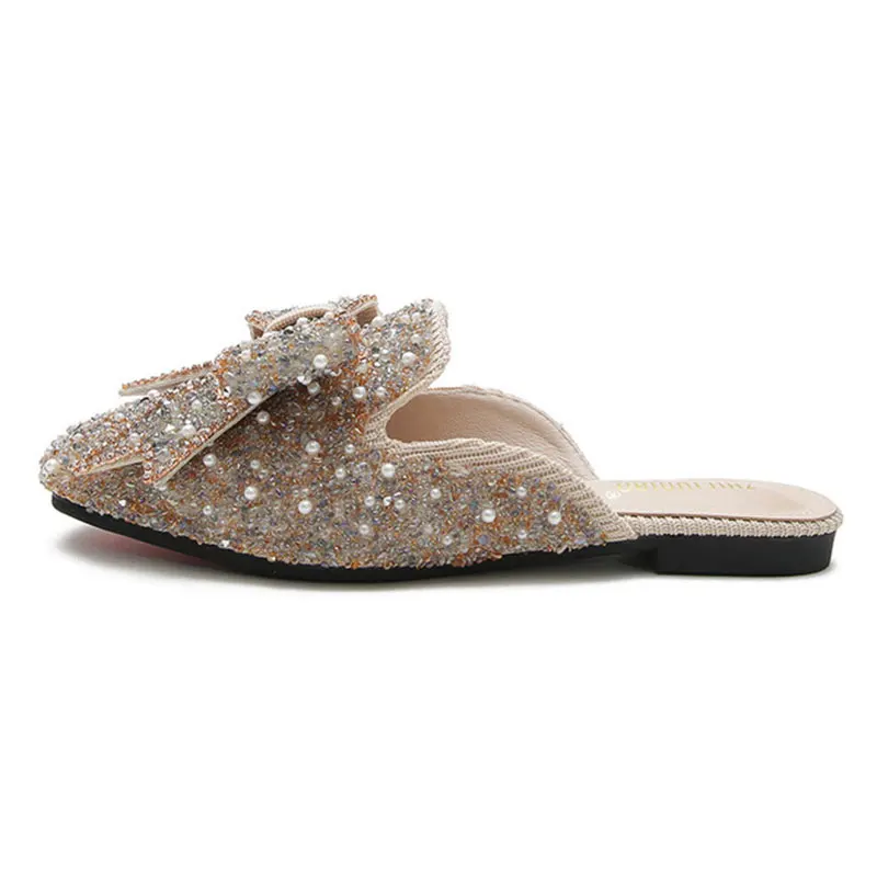 

2021 new outdoor summer Muller shoes fashion flat shoes ladies bow slippers crystal diamond sequins casual women's sandals