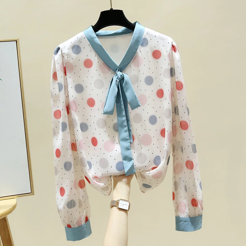 

Шифоновая Блузка в горошек с длинным рукавом и V-образным вырезом, женские топы, блузка, женская блузка, модная женская одежда, блуза E68, 2021
