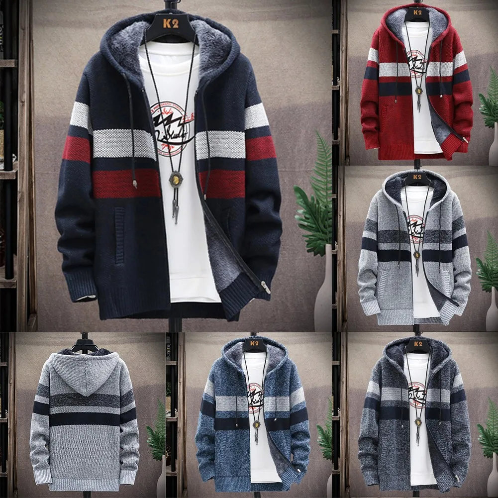 

Mens Thick Warm Fleece Lined Hooded Hoodie Winter Zip Up Coat Jacket Sweatshirt Fleece Sweater Cardigan Contrast Hooded Coat