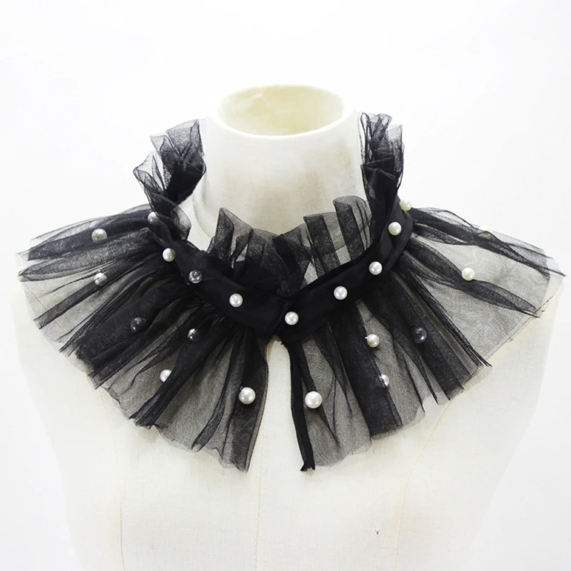 

Women Imitation Pearl Beading Ruffled Mesh False Fake Collar Vintage Victorian Neck Ruff Detachable Evening Shawl Wrap Choker