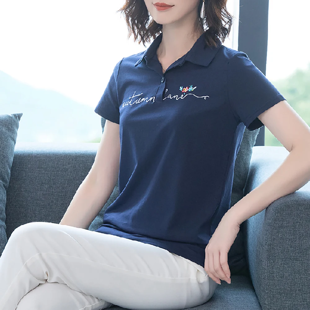 Рубашка поло женская с вышивкой Повседневный хлопковый топ коротким рукавом