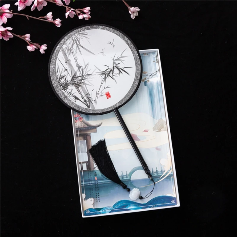

Chinese Antique Handheld Round Fan Blue and White Porcelain Floral Hand Fans