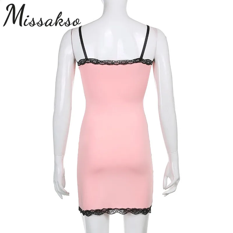 

Missakso Patchwork Lace Split Mini Dress Party Club 2021 Summer Women Sexy Bodycon Backless V Neck Spaghetti Strap Dresses
