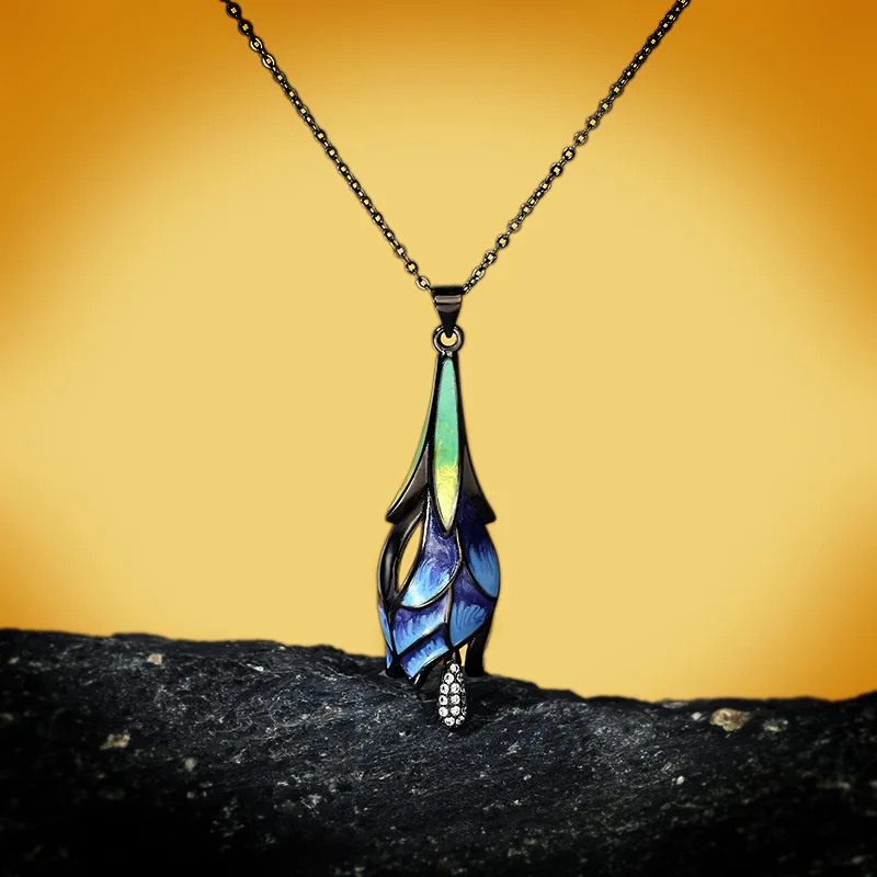 CIZEVA Elegant Blue Enamel Flower Bud Pendant Necklace for Women 925 Silver Retro Bohemia Black Gold Choker Swearter Necklaces | Украшения