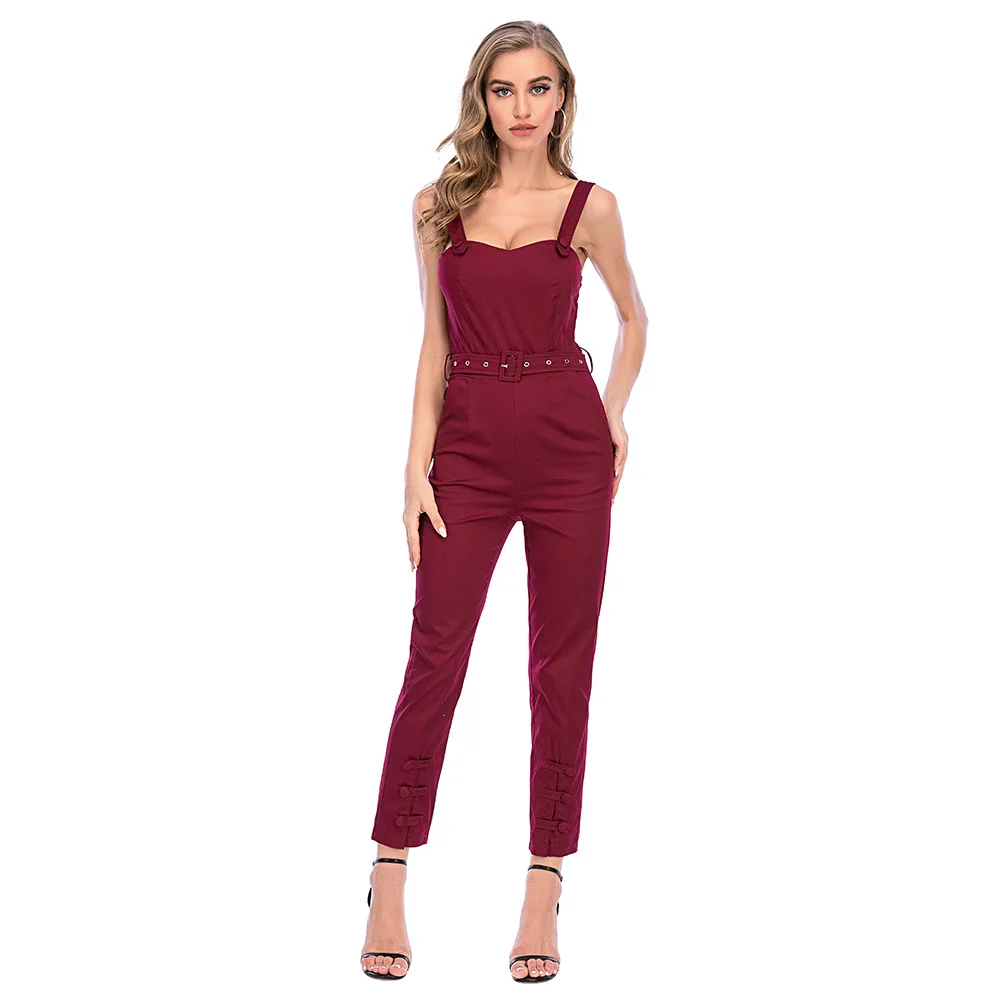 

Summer Casual Jumpsuits Women Solid Spaghetti Strap Black Rompers Sleeveless Waistband Elegant Jump Suits New Womens Clothing