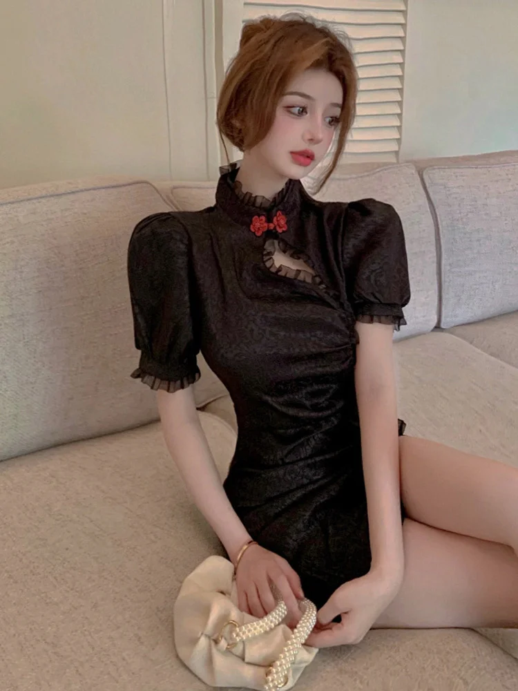 Пикантное улучшенное Чонсам в гонконгском ретро стиле черное элегантное платье