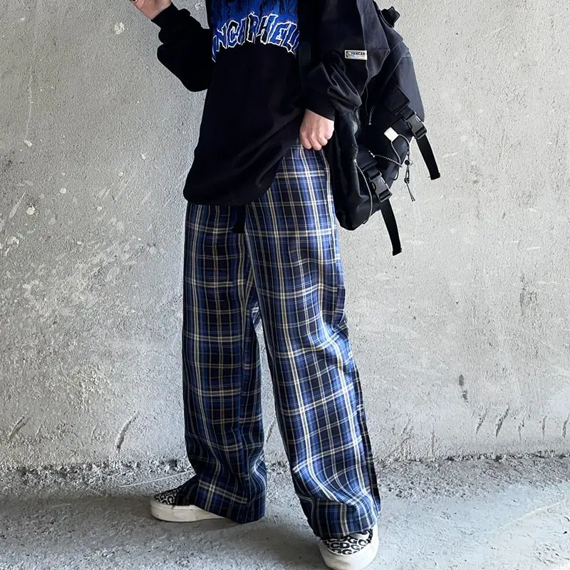 

HOUZHOU Streetwear Plaid Pants Women Korean Style Spring 2021 Harajuku Checked Trousers Vintage Wide Leg Pants Fashion Unisex