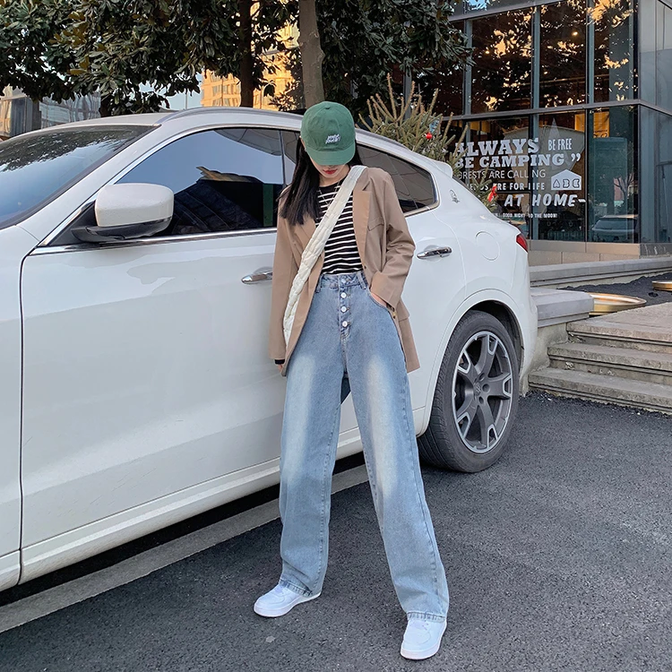 

SML 2021 korean style women Loose denim Pant Casual high waist jeans for women wide leg pants female (F9021)