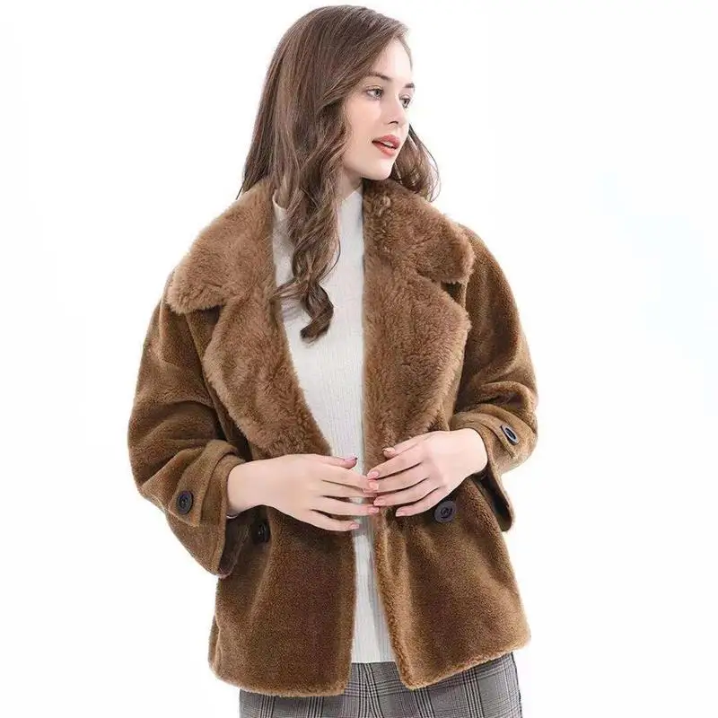 Short Women Wool Coats Brown Color Turn Down Collar Warm Sheep Clothes Fur 3XLPlus Size Clothes Plus Size Jackets Parkas