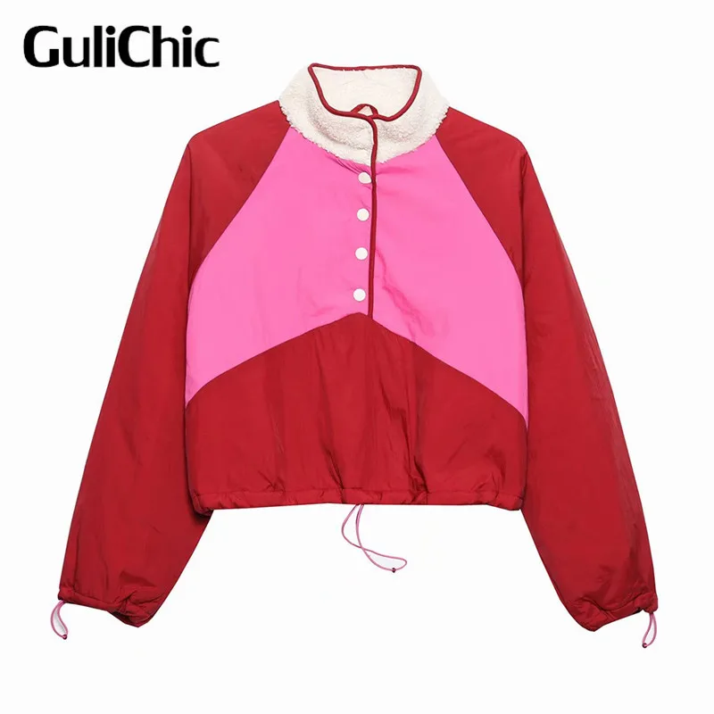 

11.3 GuliChic Women's Fashion Loose Casual Contrast Color Spliced Stand-Up Collar Snap Button Long Sleeve fleece Jacket Coat