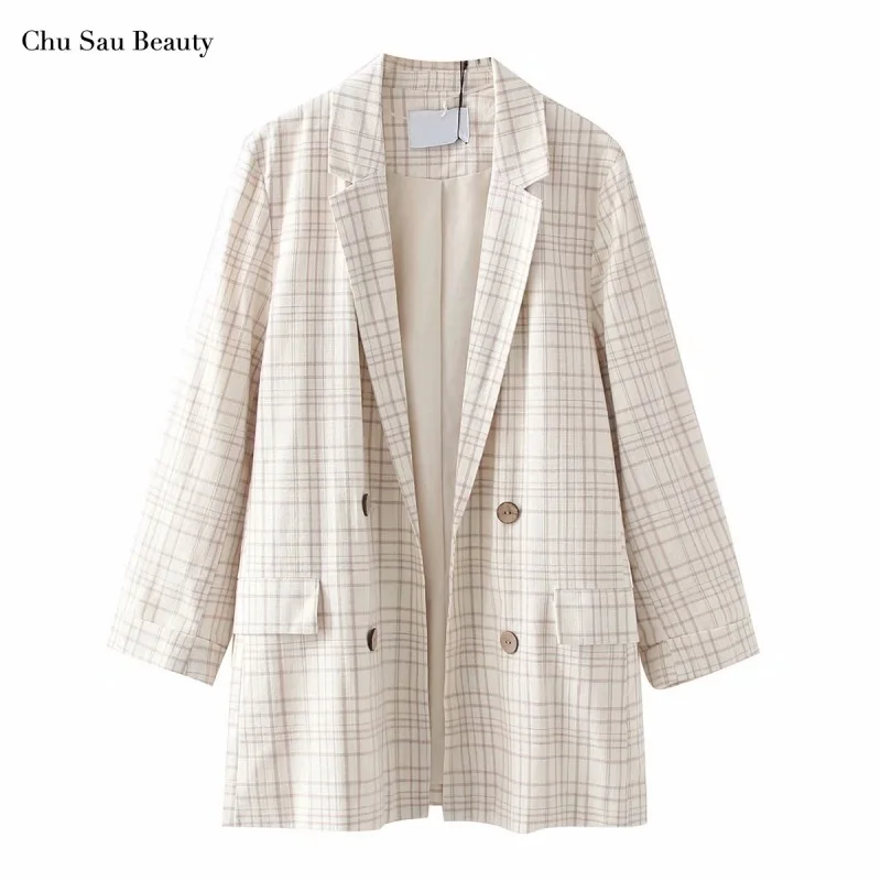 

Women's Plaid Cotton And Linen Style Casual Suit Jacket, Retro Light Color Plaid Pattern, Street Wear And Office All-Match Style