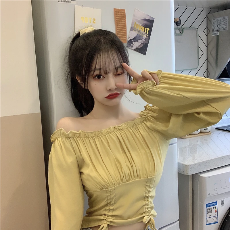 

Square Collar Blouse Korean Lace-up Long Sleeve Slim Solid Shirts for Women Clothing Fashion Bandage Crop Top Spring Autumn New