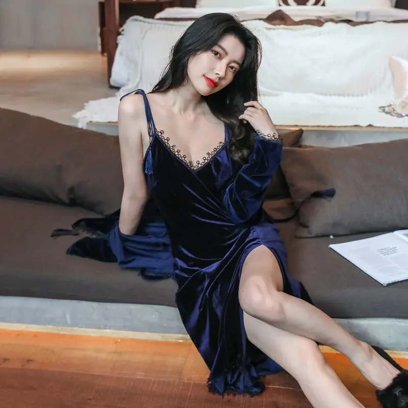 Robe Sets Long Section Red Robe Wedding Bridesmaid Winter Velvet Pajamas Autumn Winter Two Sets Sexy Nightwear Sleepwear Women
