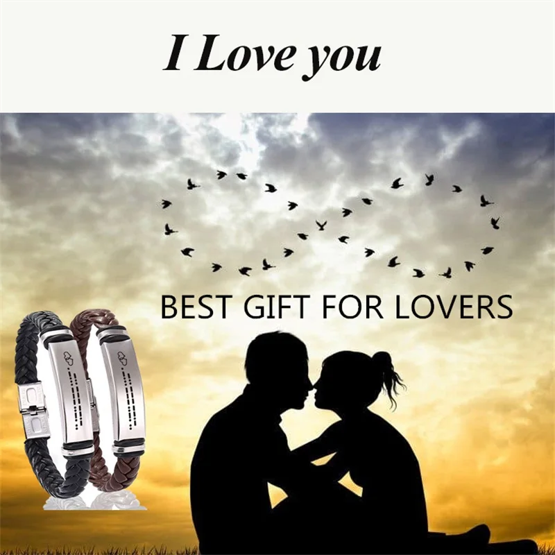 

AZIZ BEKKAOUI Stainless Steel Bracelet FOREVER I LOVE YOU Morse Code Bracelet Black Braid Woven Leather Bracelets Couple Promise