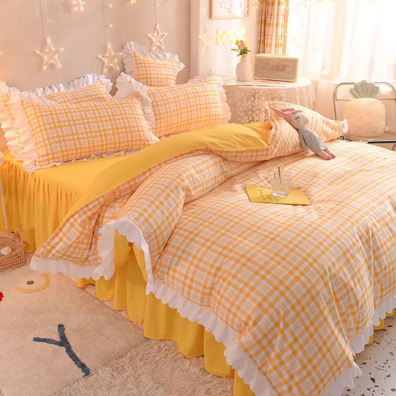 

Thin Korean Princess Style Bedroom Bedding 4pcs Set Non-Slip 1pcs Quilt Cover+1pcs Bed Skirt+2 Pillowcase King/Queen Size J8184