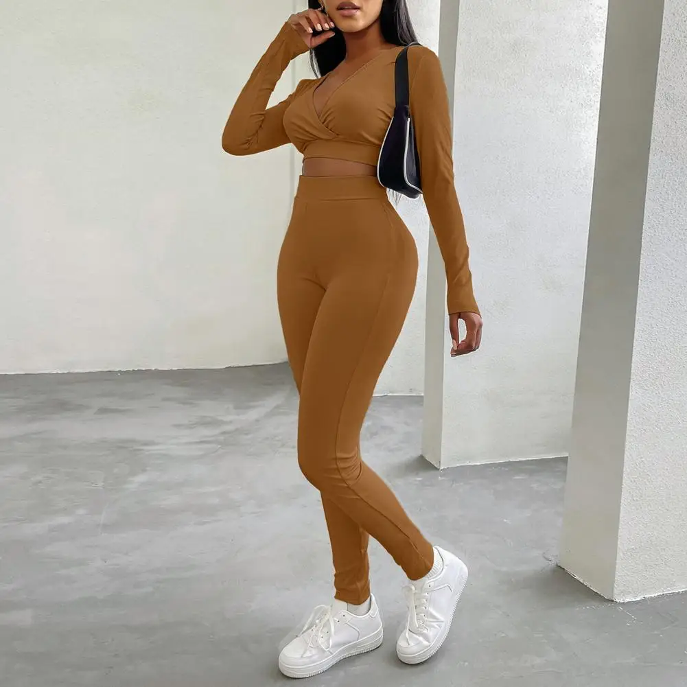 

Autumn 1 Set Casual Stretchy V Neck Crop Top Elastic Waist Pants Two-Piece Crop Top Pants Set Long Sleeve for Party