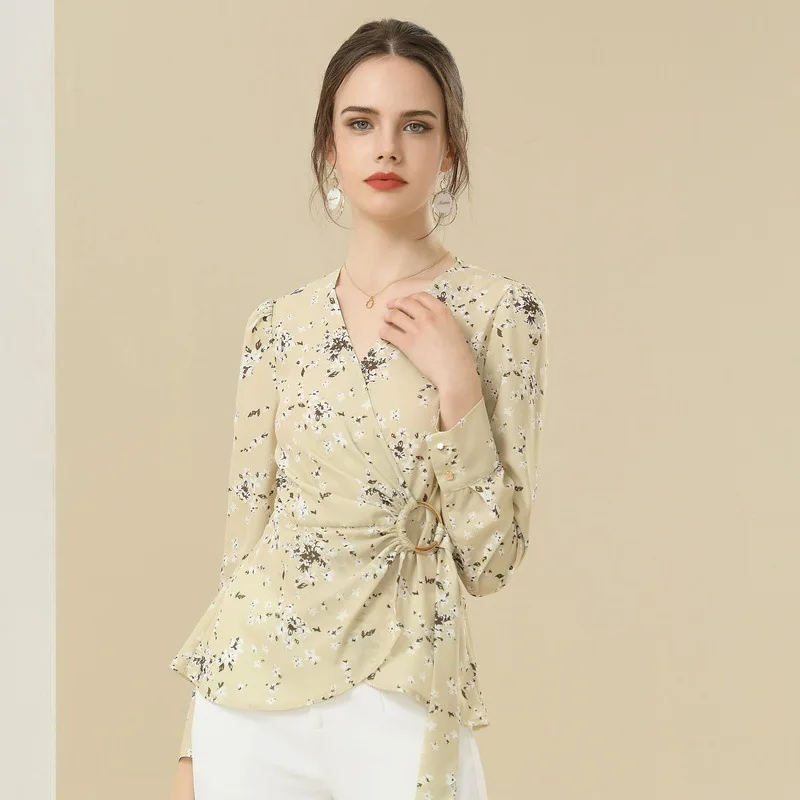 

2021 spring new light mature clothing temperament feminine V-neck tie summer printed chiffon women's tops and blouses women sexy