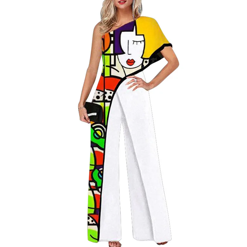 

WEPBEL Women's Graffiti Print Jumpsuit Ladies Elegant Short Sleeve One Shoulder Wide Leg Trouser Romper Loose Overalls