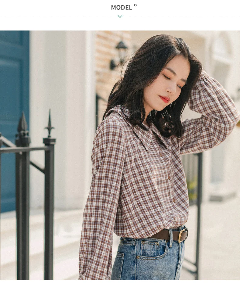 INMAN Winter New Arrival Literary Retro 100%Cotton Doll Collar Plaid Loose Long Sleeve Women Blouse