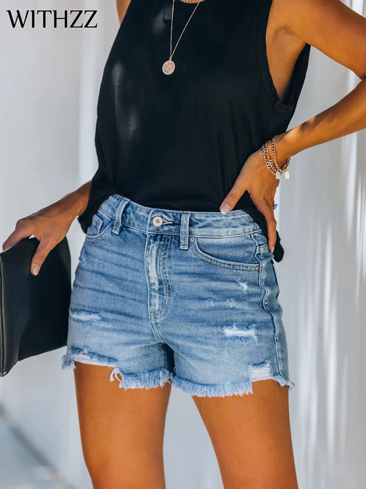 

WITHZZ Summer Fashion Women's Jeans Straight Ripped Denim Shorts