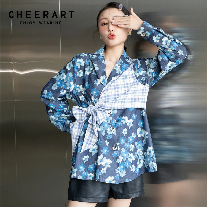

Женский хлопковый Блейзер CHEERART в японском стиле с цветочным принтом, синее Бандажное пальто в стиле пэчворк, осень 2021