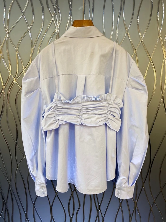 

2021 early spring new women's wear outer wrinkle stitching decorative lapel solid color long-sleeved top 109