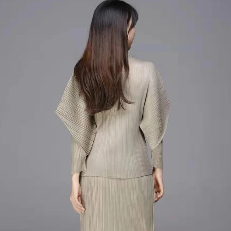 

Spring Miyak Fold Women's Vintage Shirt Basic Pleated Tops Single Collar Single-Breasted Solid Outline Puff Sleeve Shirt T788986